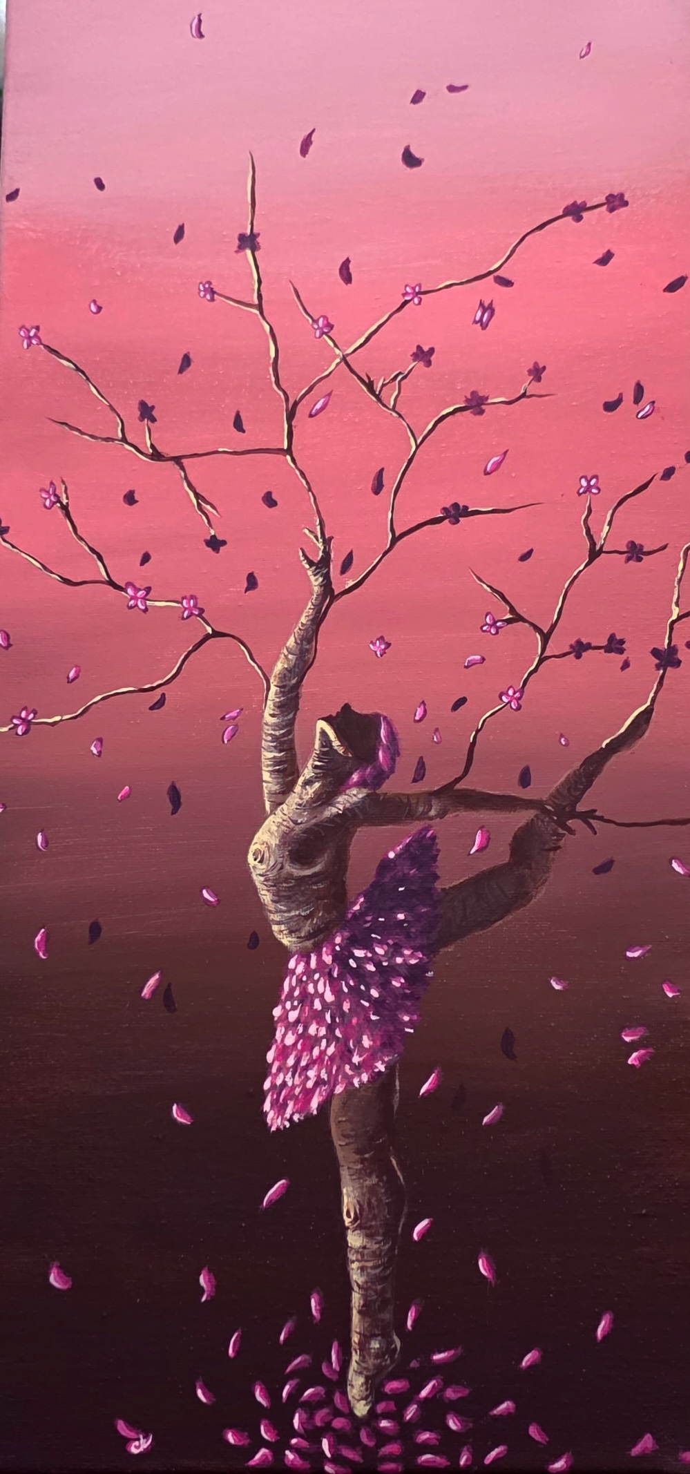 Pink cherry blossom ballerina painting with falling petals and tree-branch figure