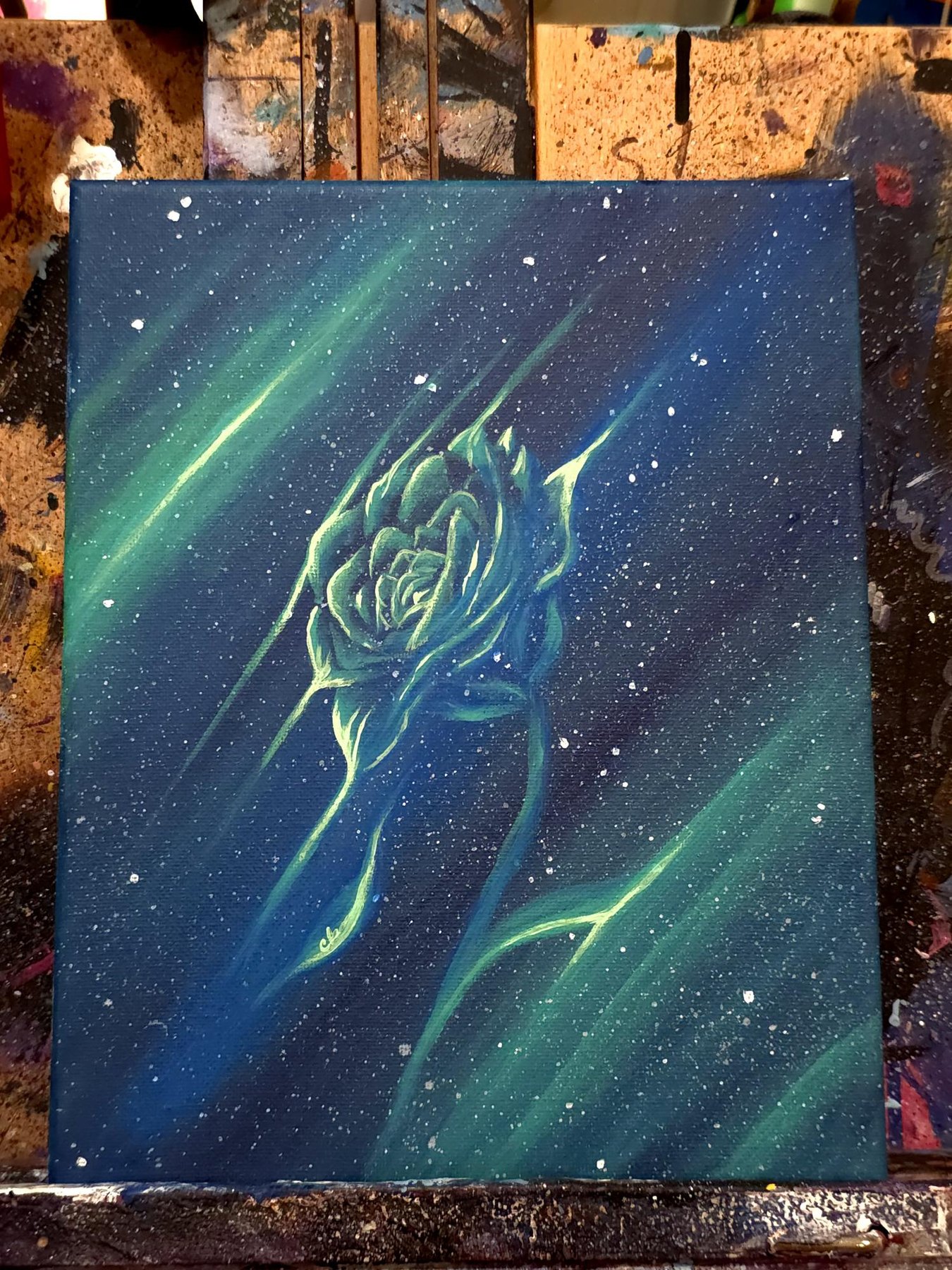 Galaxy Rose canvas with blue rose linework and aurora-style green light